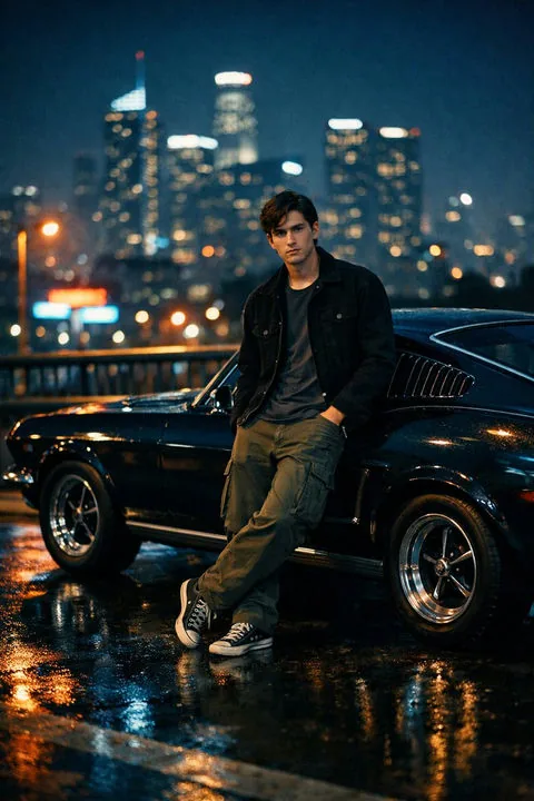 Damian beside a car at night