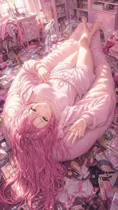 Yuna in a cozy anime bedroom
